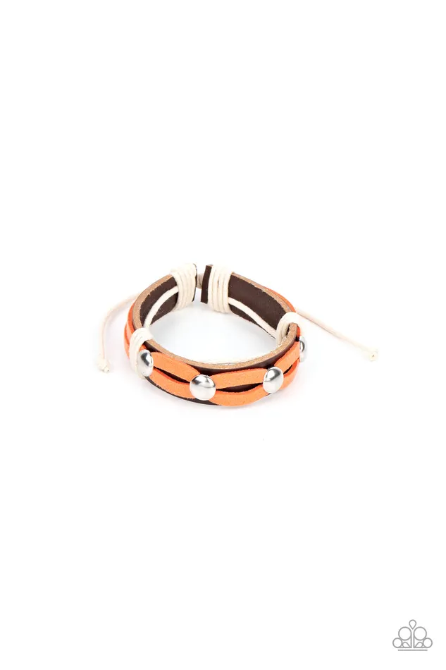 Ready to Ride Orange and Brown Leather Silver Accent Slide Bracelet Paparazzi Paparazzi Accessories Bracelets