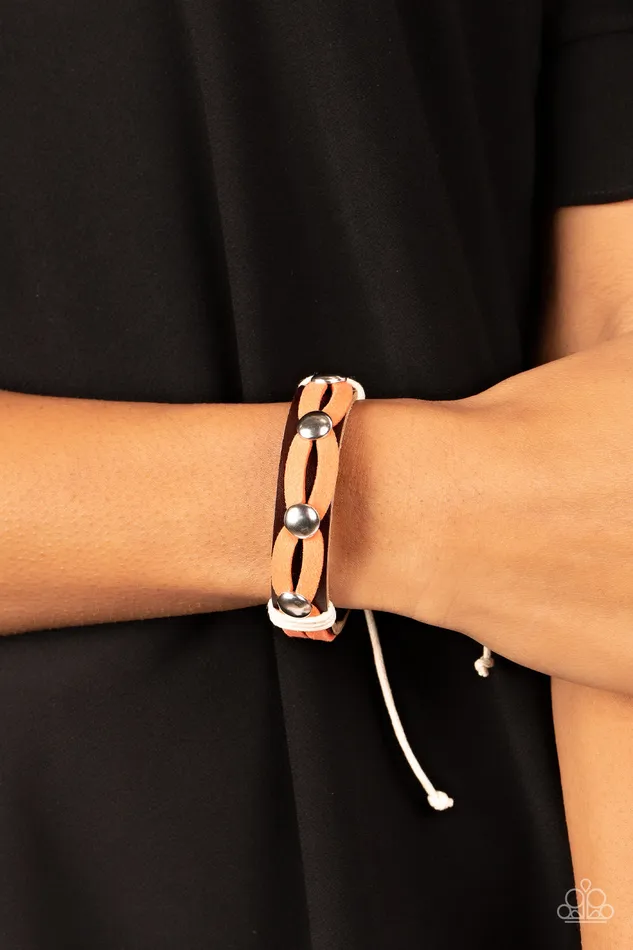 Ready to Ride Orange and Brown Leather Silver Accent Slide Bracelet Paparazzi Paparazzi Accessories Bracelets