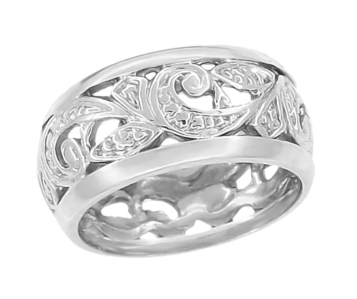 Retro Moderne Scrolls and Leaves Engraved Filigree Wide Wedding Ring in 14 Karat White Gold 85mm Size 5 Antique Jewelry Mall Rings