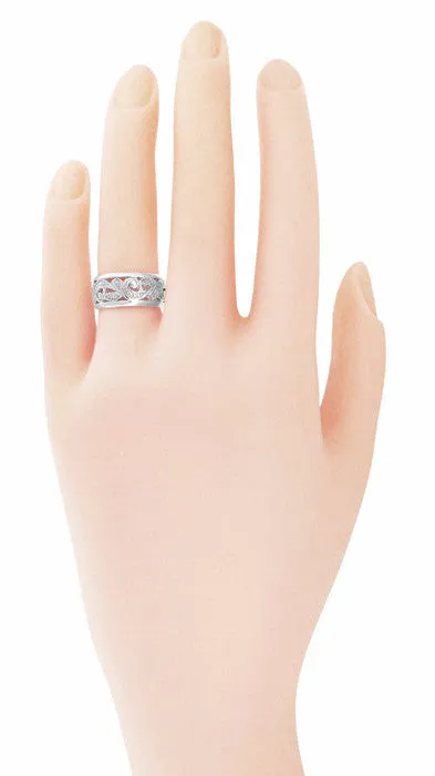 Retro Moderne Scrolls and Leaves Engraved Filigree Wide Wedding Ring in 14 Karat White Gold 85mm Size 5 Antique Jewelry Mall Rings