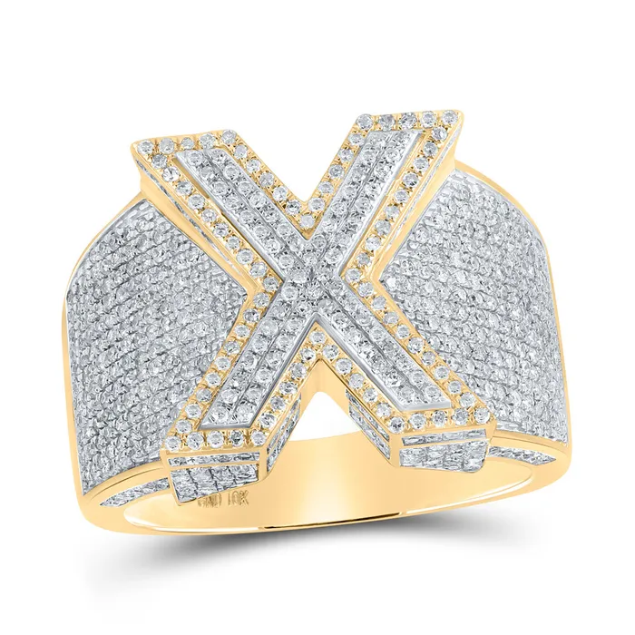 Rings GND Gold X Initial Letter Ring 138 Cttw Round Natural Diamond Mens 99 grams
