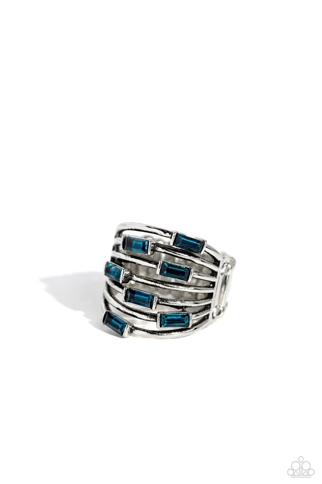 Rings Paparazzi Accessories Exceptional Edge Blue Rhinestone Silver Ring Paparazzi