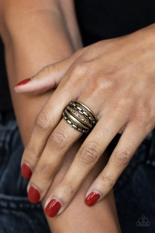 Rings Paparazzi Accessories LINK Out Loud Brass Aurum Rhinestone Ring Paparazzi
