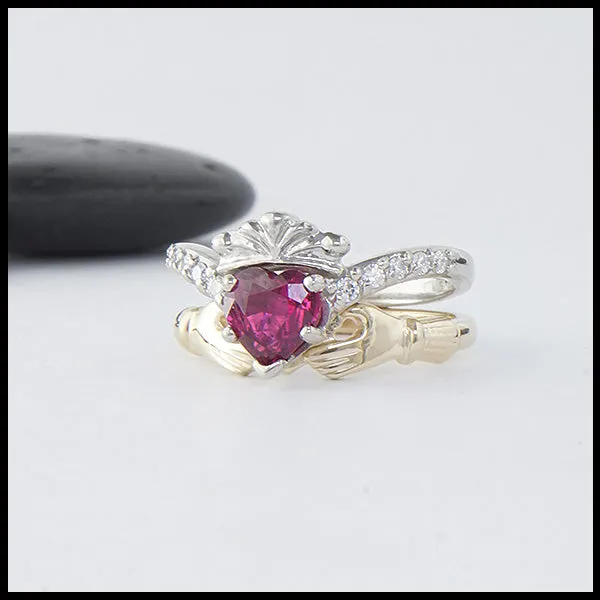 Rings Walker Metalsmiths Interlocking Claddagh Ring with Ruby Diamonds