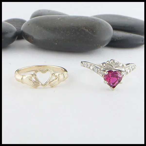 Rings Walker Metalsmiths Interlocking Claddagh Ring with Ruby Diamonds
