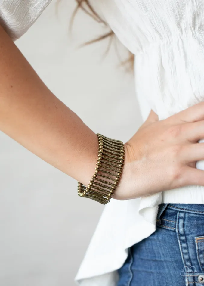 Rustic Rebellion Brass Hammered Bar Stretchy Bracelet Paparazzi Paparazzi Accessories Bracelets