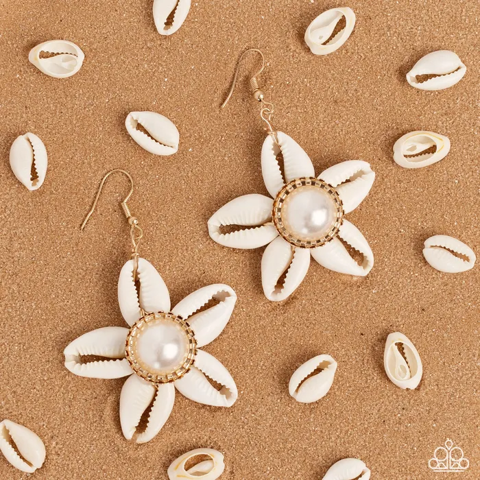 Say SEAS Gold White Pearl Shell Earrings Paparazzi Paparazzi Accessories Earrings