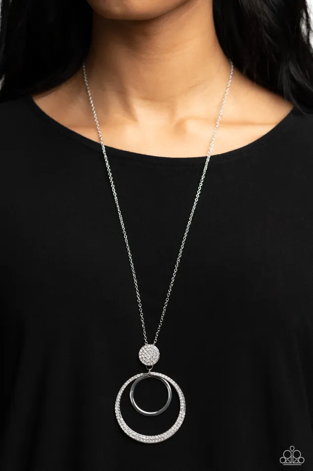 Spanish Sizzle White Rhinestone Silver Circle Long Necklace Paparazzi Paparazzi Accessories Necklaces