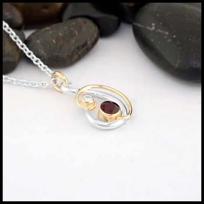 Walker Metalsmiths Custom Ruby and Diamond Swirl Pendant Necklaces